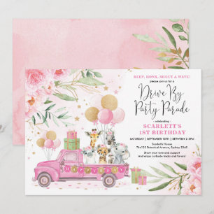 Rosa Guld Blommigt Safari Drive by Birthday Parad Inbjudningar