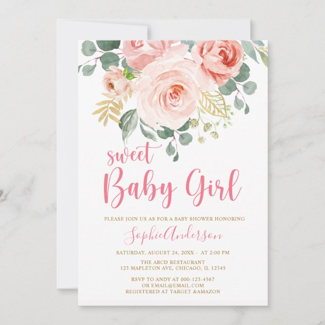  Rosa Guld Blommigt Sweet Flicka Baby Shower Inbjudningar (Framsida)
