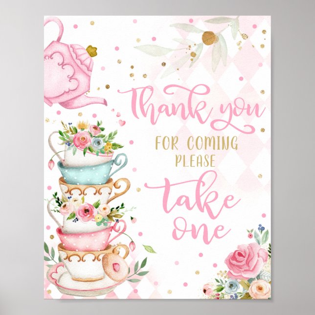 Rosa & Guld Blommigt Tea Party favors Par-Tea Poster (Framsidan)