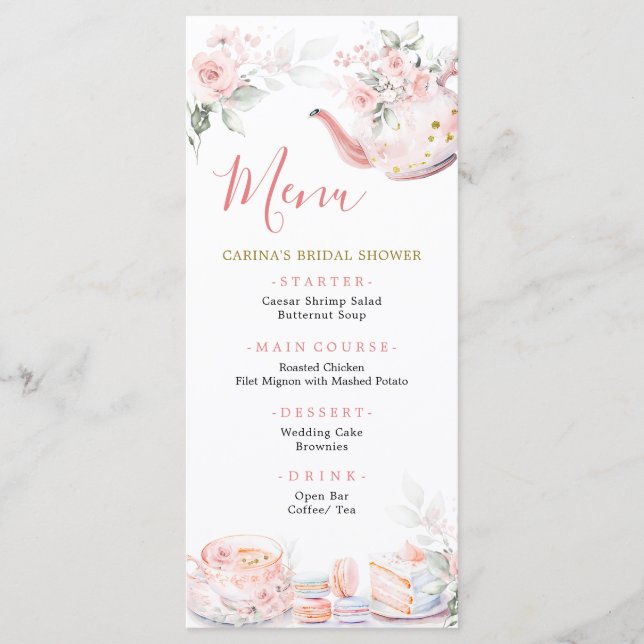 Rosa Guld Blommigt Tea Party Möhippa Meny (Framsida)