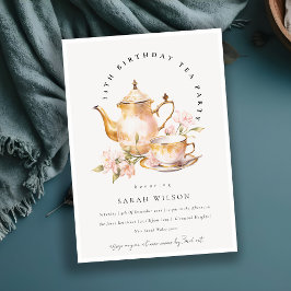 Rosa Guld Blommigt Tea Set Birthday Tea Party Inbjudningar