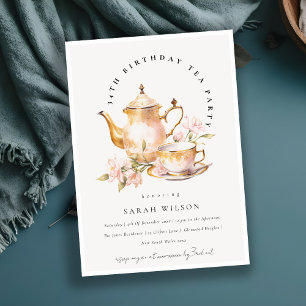 Rosa Guld Blommigt Tea Set Birthday Tea Party Inbjudningar
