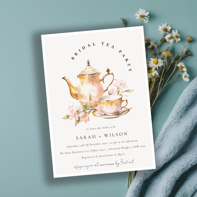 Rosa Guld Blommigt Tea Set Möhippa Tea Party Inbjudningar (Skapare uppladdad)