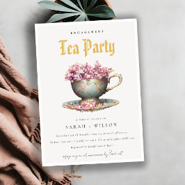 Rosa Guld Blommigt Tekopp Förlovningen Tea Party Inbjudningar