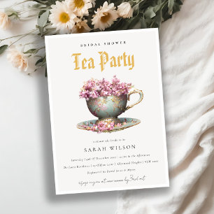 Rosa Guld Blommigt Tekopp Möhippan Tea Party Inbjudningar