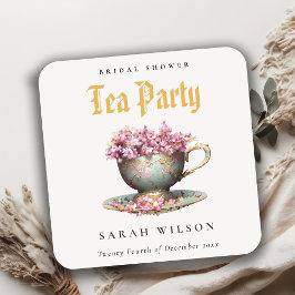 Rosa Guld Blommigt Tekopp Möhippan Tea Party Underlägg Papper Kvadrat