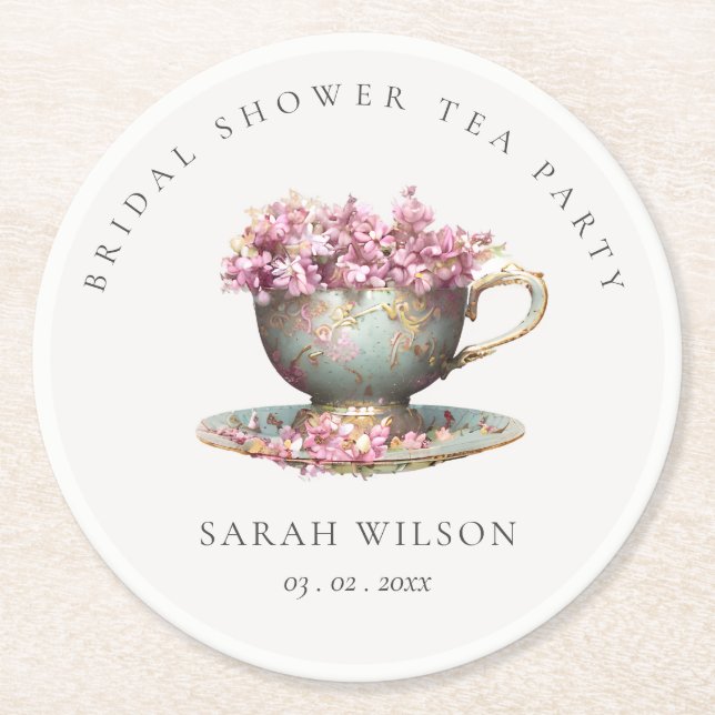 Rosa Guld Blommigt Tekopp Möhippan  Tea Party Underlägg Papper Rund (Framsidan)