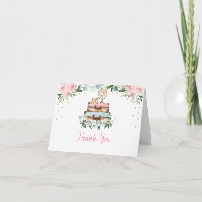 Rosa Guld Blommigt Travel Baby Shower Tack Kort (Framsida)
