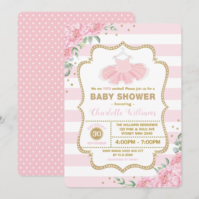 Rosa Guld Blommigt Tutu Ballerina Girl Baby Shower Inbjudningar (Fram/baksida)