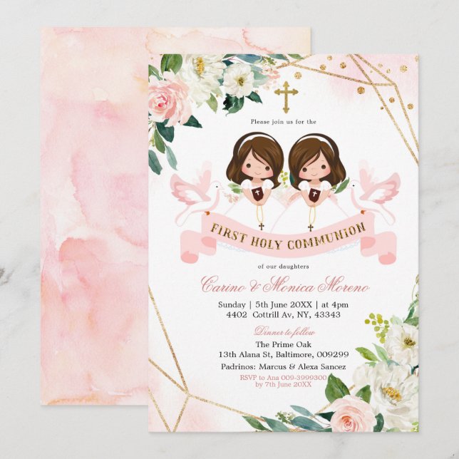 Rosa & Guld Blommigt Twin Girl First Heliga Commun Inbjudningar (Fram/baksida)