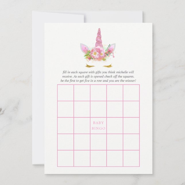 Rosa & Guld Blommigt Unicorn Baby Shower Bingo (Framsida)
