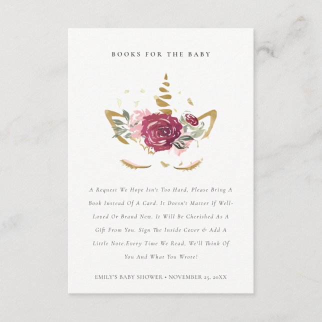 Rosa Guld Blommigt Unicorn Bokar for Baby Shower Tilläggskort (Framsida)