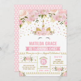 Rosa Guld Blommigt Unicorn Magic Birthday Inbjudningar