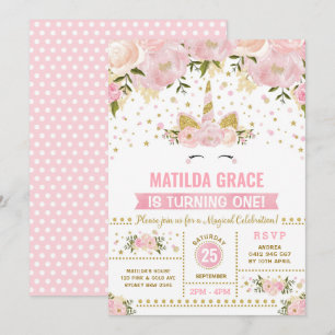 Rosa Guld Blommigt Unicorn Magic Birthday Inbjudningar