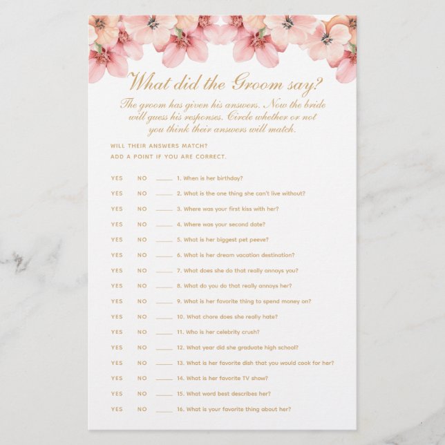 Rosa Guld Blommigt Vad sa Groom spel? Flygblad (Framsidan)