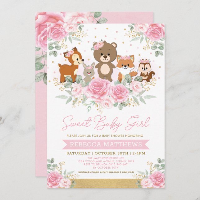 Rosa Guld Blommigt Woodland Animals Baby Shower Inbjudningar (Fram/baksida)