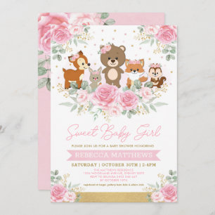 Rosa Guld Blommigt Woodland Animals Baby Shower Inbjudningar