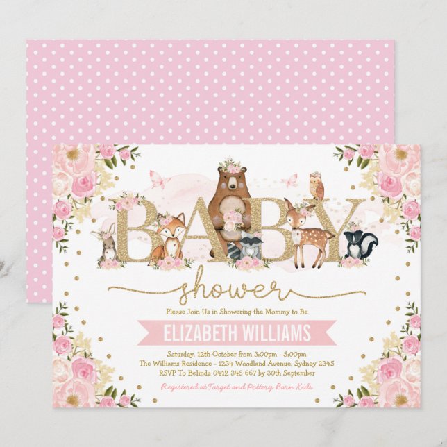 Rosa Guld Blommigt Woodland Animals Girl Baby Show Inbjudningar (Fram/baksida)