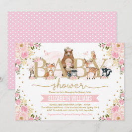Rosa Guld Blommigt Woodland Animals Girl Baby Show Inbjudningar