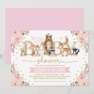 Rosa Guld Blommigt Woodland Animals Girl Baby Show Inbjudningar