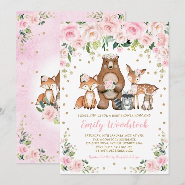 Rosa Guld Blommigt Woodland Animals Girl Baby Show Inbjudningar (Fram/baksida)