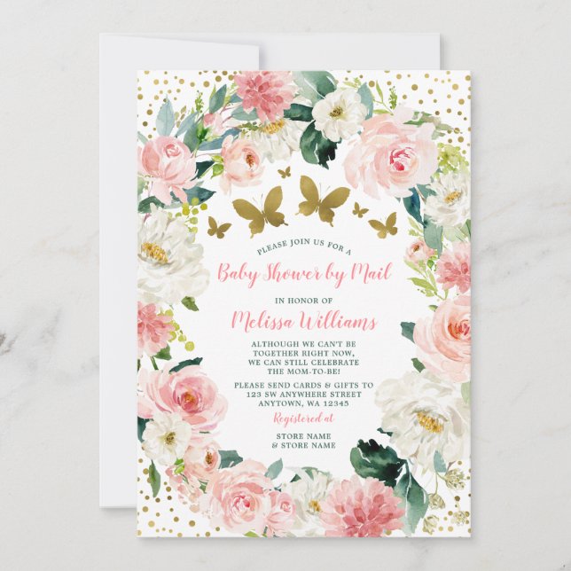 Rosa Guld Blommor Fjäril Babyfirande Per Post Inbjudningar (Framsida)
