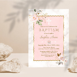 Rosa  Guld Blommor Marble Baptism Inbjudningar
