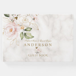 Rosa  Guld Blommor Marble Monogram Bröllop Gästböcker