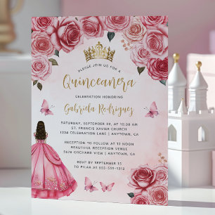 Rosa guld blomster vattenfärg Quinceañera Inbjudningar