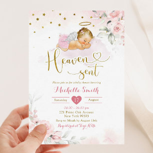 Rosa Guld Blonde Girl Baby Heaven Sent Baby Shower Inbjudningar