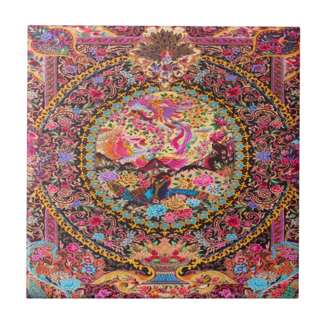 Rosa Guld Blue Persian Blommigt Flowers Peacock Ar Kakelplatta (Framsidan)