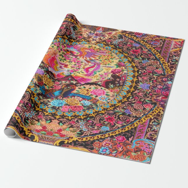 Rosa Guld Blue Persian Blommigt Peacock Decoupage Presentpapper (Utrullad)