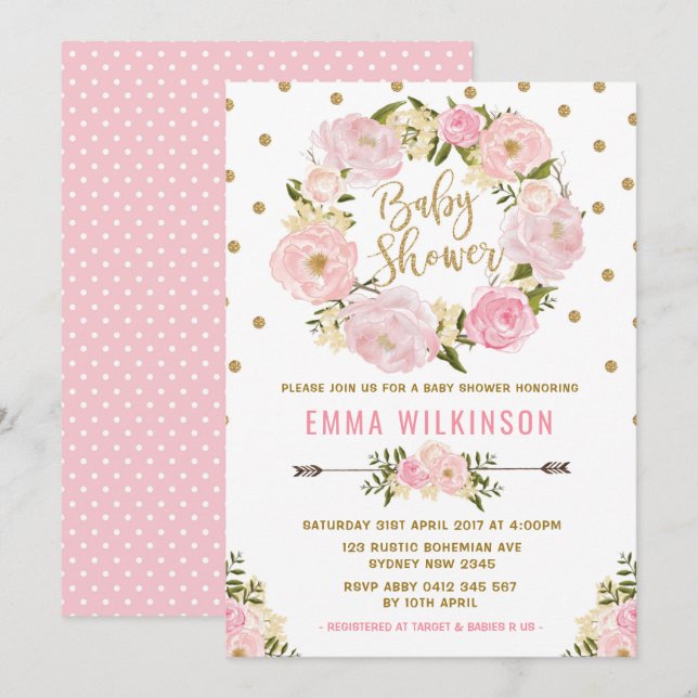 Rosa & Guld Boho Blommigt Baby Shower-inbjudan Inbjudningar (Fram/baksida)