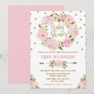 Rosa & Guld Boho Blommigt Baby Shower-inbjudan Inbjudningar
