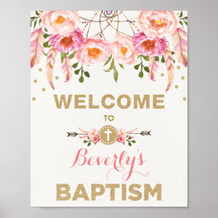 Rosa Guld Boho Dreamcatcher Blommigt Baptism Välko Poster