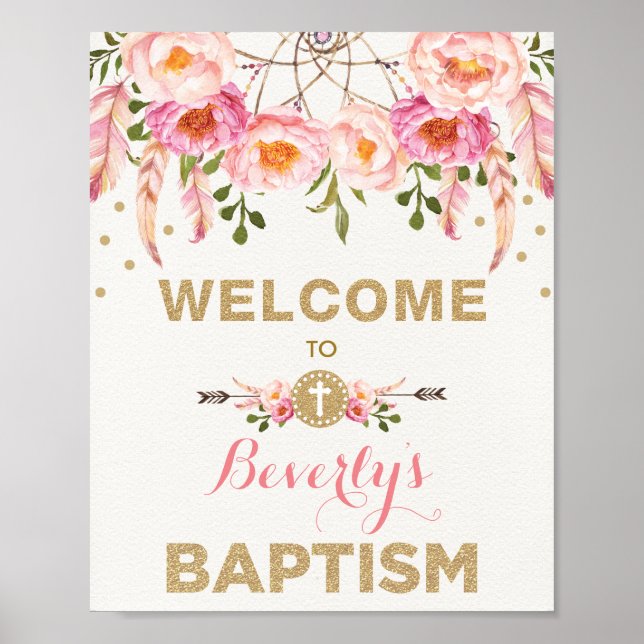 Rosa Guld Boho Dreamcatcher Blommigt Baptism Välko Poster (Framsidan)