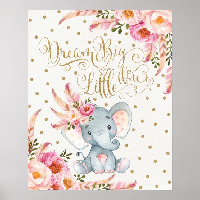Rosa Guld Boho Elephant Nursery Wall Art Skriv ut Poster (Framsidan)