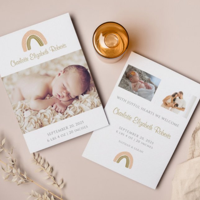 Rosa Guld Boho Rainbow Birth-annonskort Inbjudningar (Skapare uppladdad)