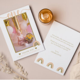 Rosa Guld Boho Regnbåge Första Födelsedags Foto Tack Kort