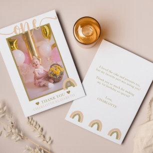 Rosa Guld Boho Regnbåge Första Födelsedags Foto Tack Kort