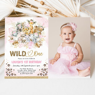 Rosa Guld Boho Safari Vild Ett foto Birthday Girl Inbjudningar
