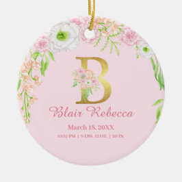 Rosa & Guld Brev ’B’ Blommigt Monogram Birdstat Julgransprydnad Keramik