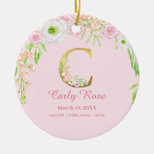 Rosa & Guld Brev ’C’ Blommigt Monogram Birdstat Julgransprydnad Keramik