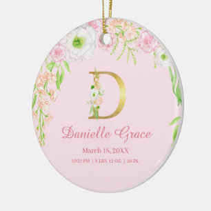 Rosa & Guld Brev ’D’ Blommigt Monogram Birdstat Julgransprydnad Keramik