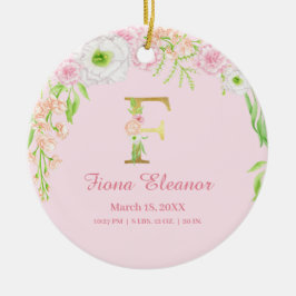 Rosa & Guld Brev ’F’ Blommigt Monogram Birdstat Julgransprydnad Keramik