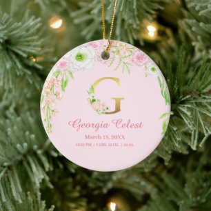Rosa & Guld Brev ’G’ Blommigt Monogram Birdstat Julgransprydnad Keramik