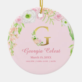 Rosa & Guld Brev ’G’ Blommigt Monogram Birdstat Julgransprydnad Keramik