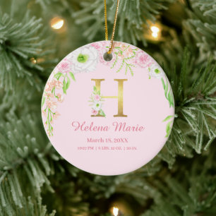 Rosa & Guld Brev ’H’ Blommigt Monogram Birdstat Julgransprydnad Keramik