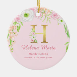 Rosa & Guld Brev ’H’ Blommigt Monogram Birdstat Julgransprydnad Keramik