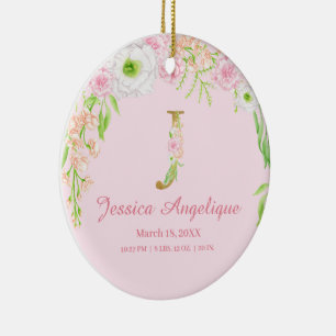 Rosa & Guld Brev ’J’ Blommigt Monogram Birdstat Julgransprydnad Keramik